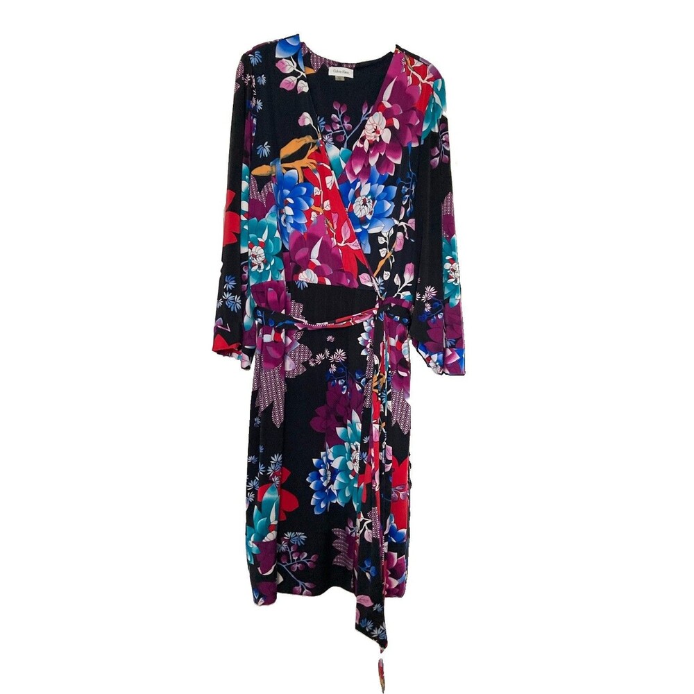NEW Calvin Klein Floral Faux Wrap Dress 18 Flare Sleeve Colorful Professional